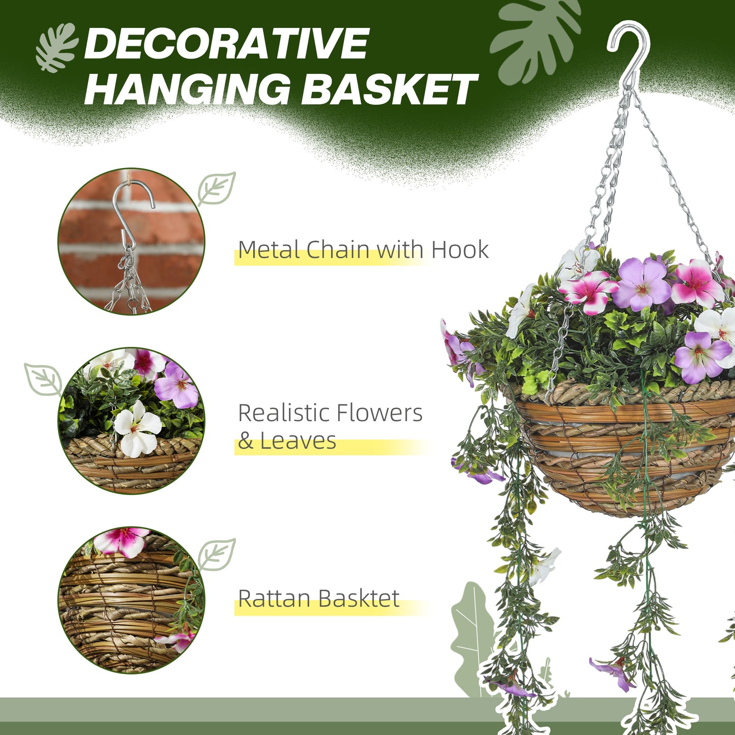 HOMCOM Set of 2 Artificial Silk Azalea Flowers, Hanging Planters with Basket, Faux Plants for Home Indoor Outdoor Decor, Pink and White