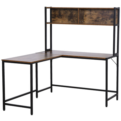 HOMCOM L Shaped Desk with Book Shelf, Industrial Corner Computer Desk, Writing Table with Steel Frame for Home Office, Bedroom, Study Room, 140 x 125cm, Brown