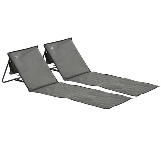 Outsunny Set of 2 Foldable Garden Beach Chair Mat, Outdoor Sun Lounger Seats with Adjustable Back, Magazine Pocket, Carry Strap