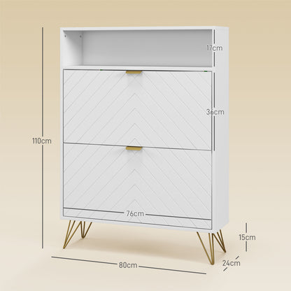 HOMCOM 12 Shoe Storage Cabinet with Chevron Indents and Gold Tone Accents - White
