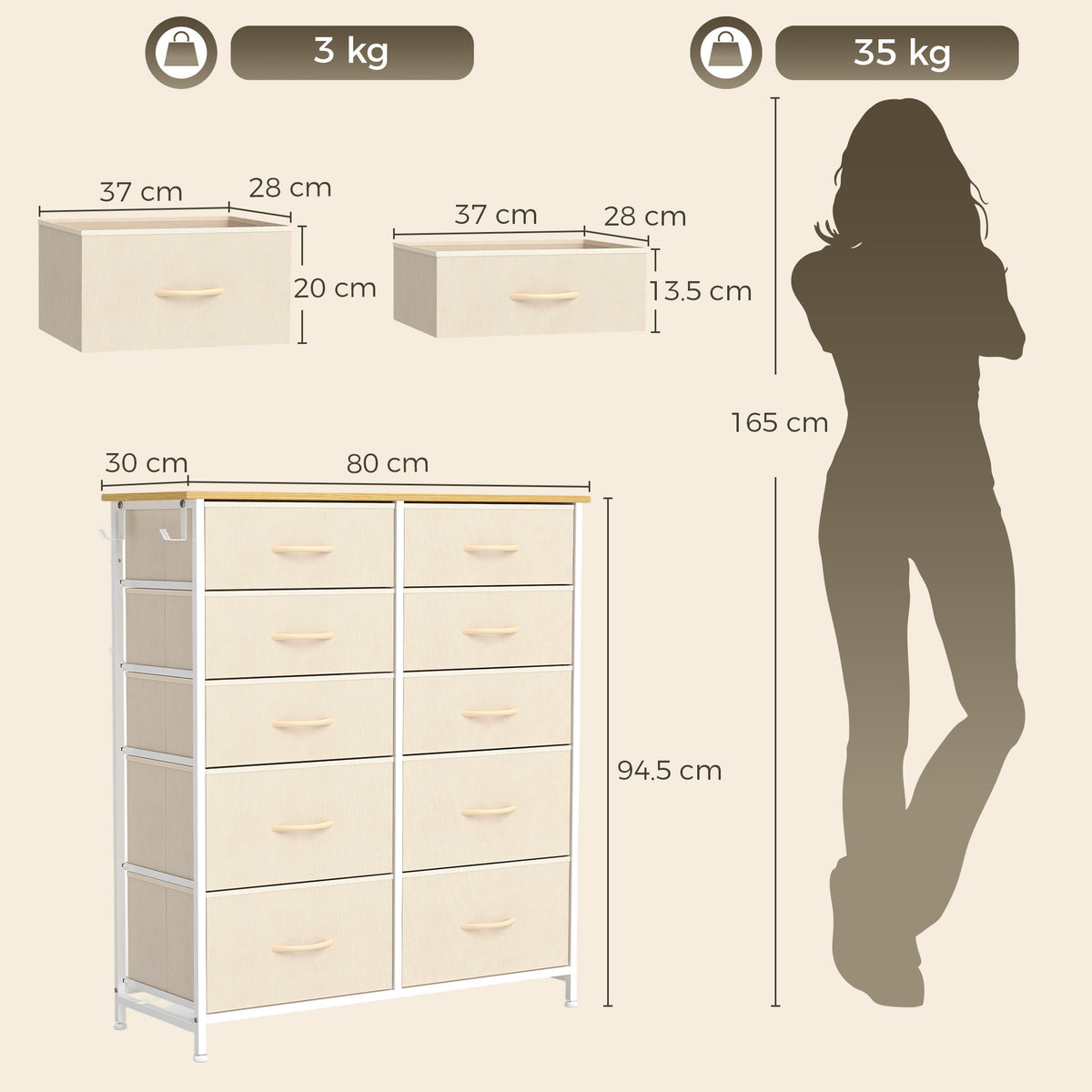 HOMCOM Chest of Drawers, Dresser with 10 Fabric Drawers, Tall Storage Unit with 4 Pockets and 2 Hooks Steel Frame, Beige