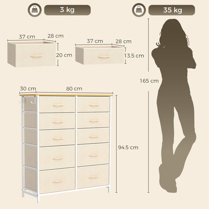 HOMCOM Chest of Drawers, Dresser with 10 Fabric Drawers, Tall Storage Unit with 4 Pockets and 2 Hooks Steel Frame, Beige