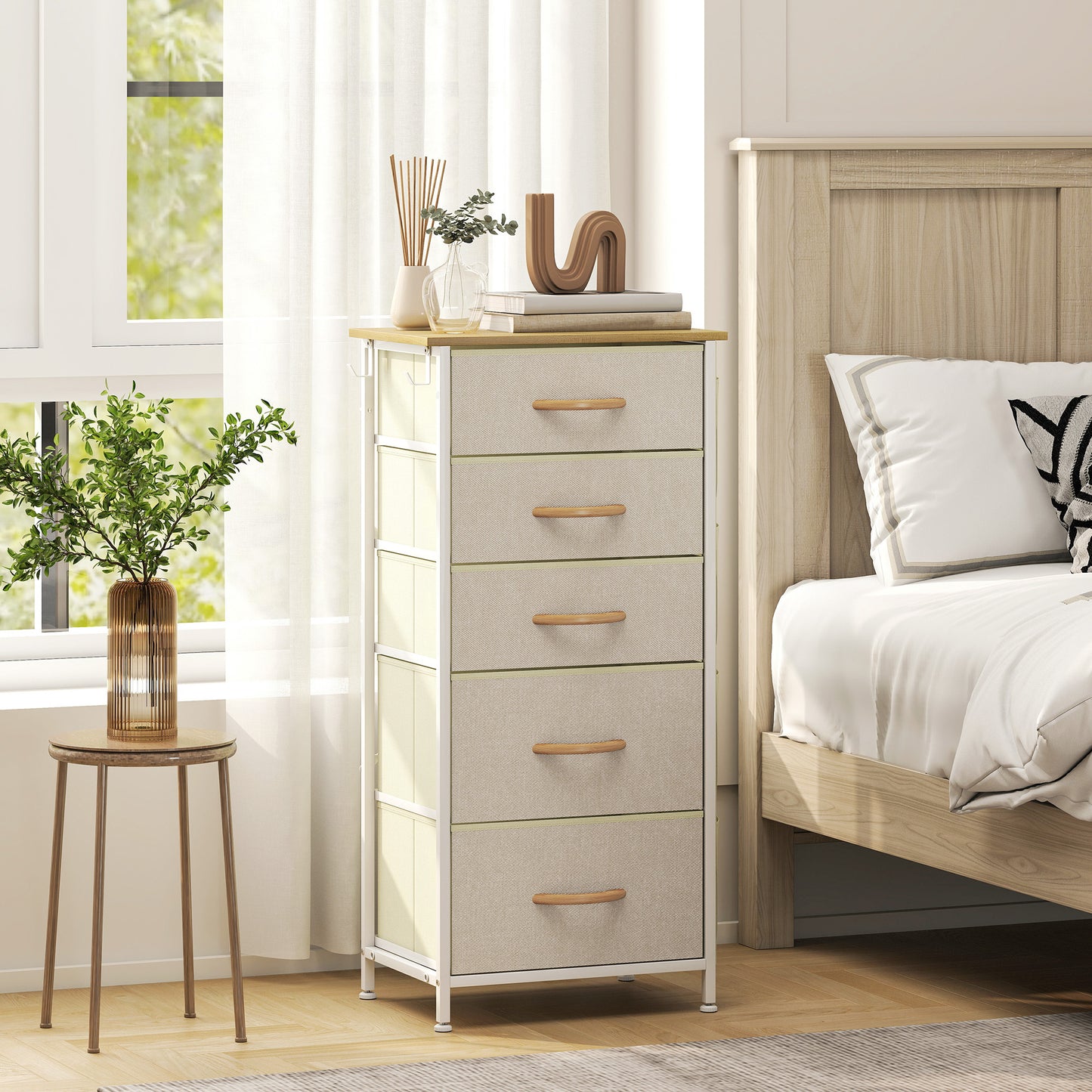 HOMCOM Chest of Five Fabric Drawers - Beige