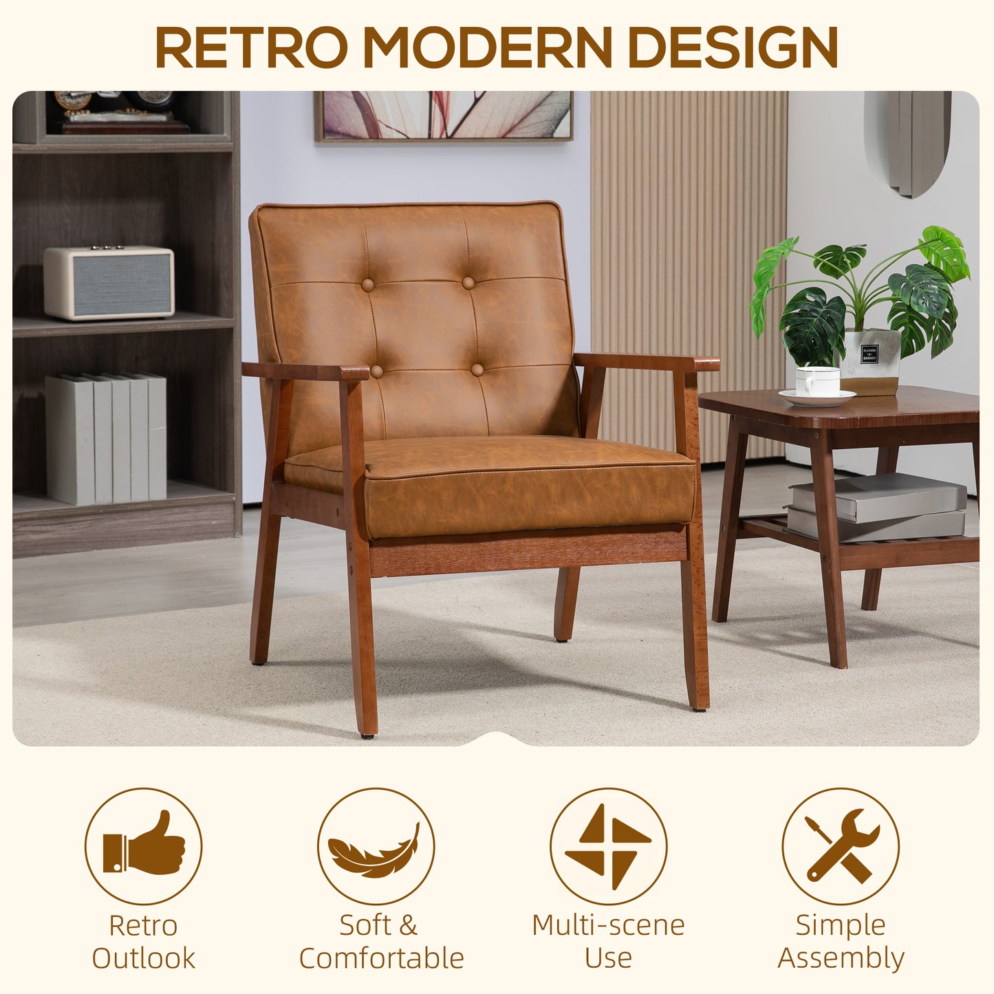 HOMCOM Retro-Style Accent Chair, with Faux Leather Seat - Brown