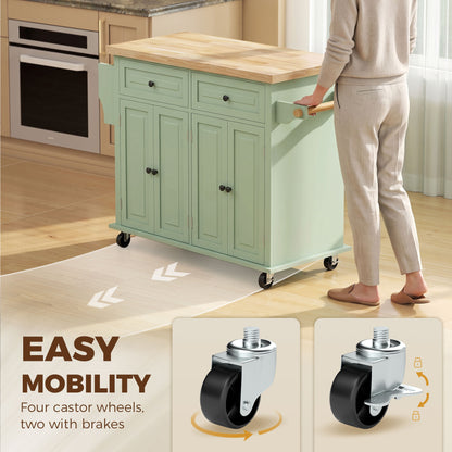 HOMCOM Rolling Kitchen Island Storage Trolley with Rubber Wood Top & Drawers for Dining Room, Light Green