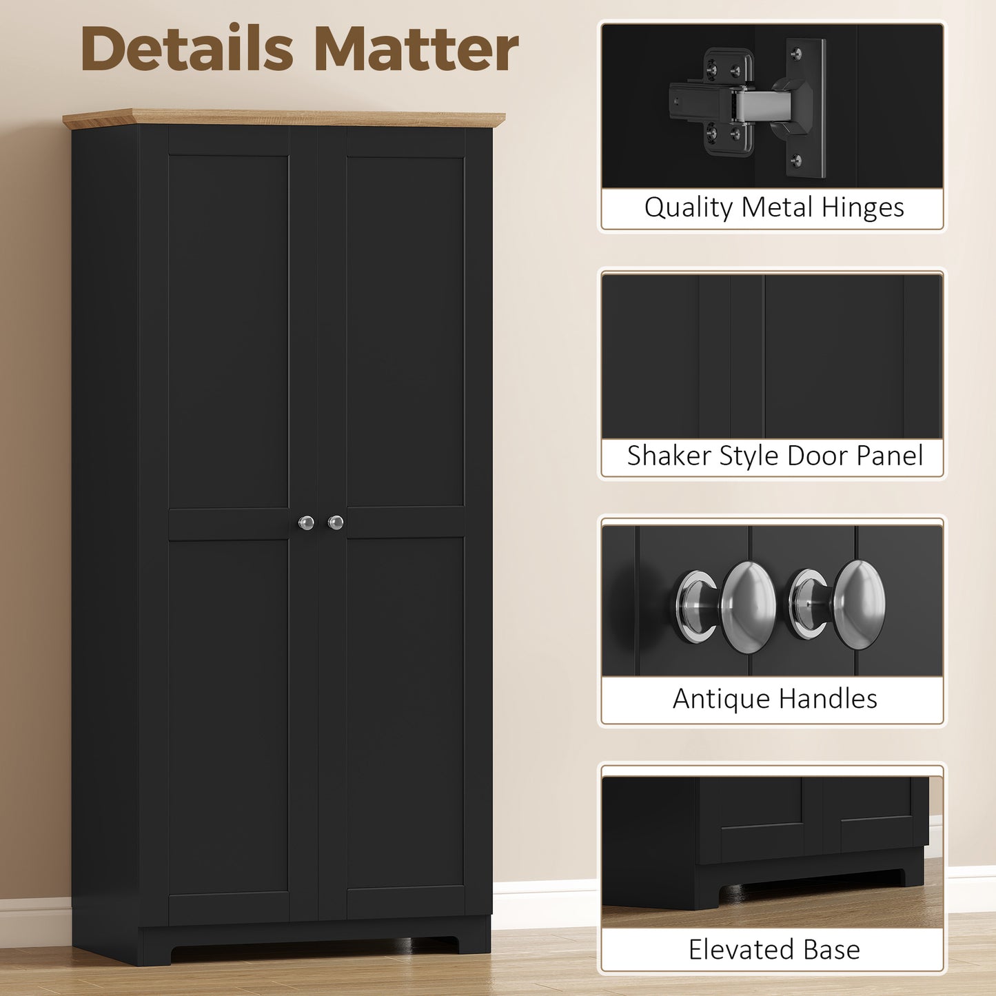 HOMCOM Kitchen Cupboard, 172cm Freestanding Storage Cabinet with Doors and Shelves, Black