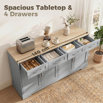 HOMCOM Sideboard Buffet Cabinet, 140 cm Kitchen Storage Cabinet with 4 Drawers, 4 Doors and 2 Adjustable Shelves, Grey
