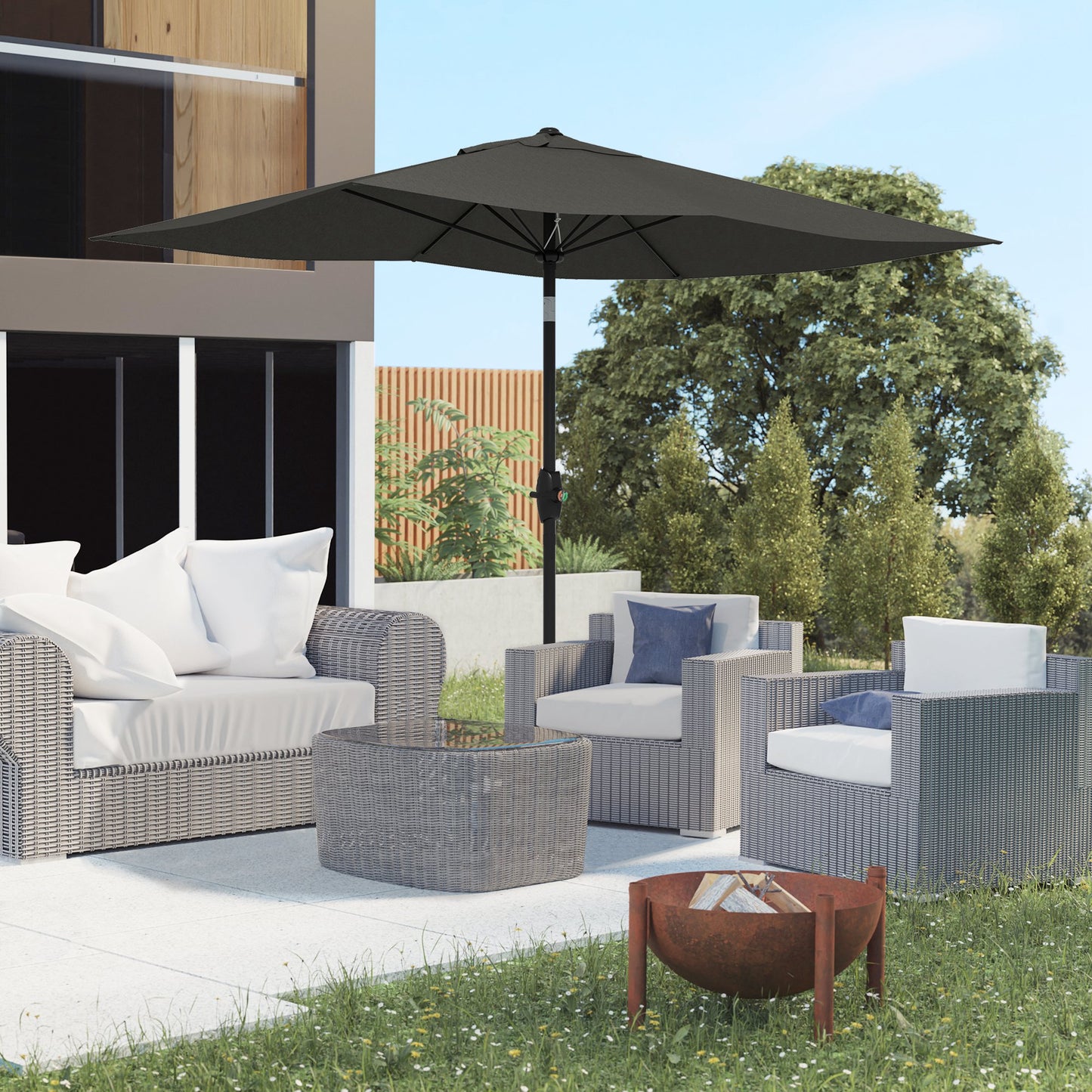 Outsunny 2 x 3(m) Garden Parasol Umbrella, Rectangular Outdoor Market Umbrella Sun Shade with Crank & Push Button Tilt, 6 Ribs, Aluminium Pole, Dark Grey
