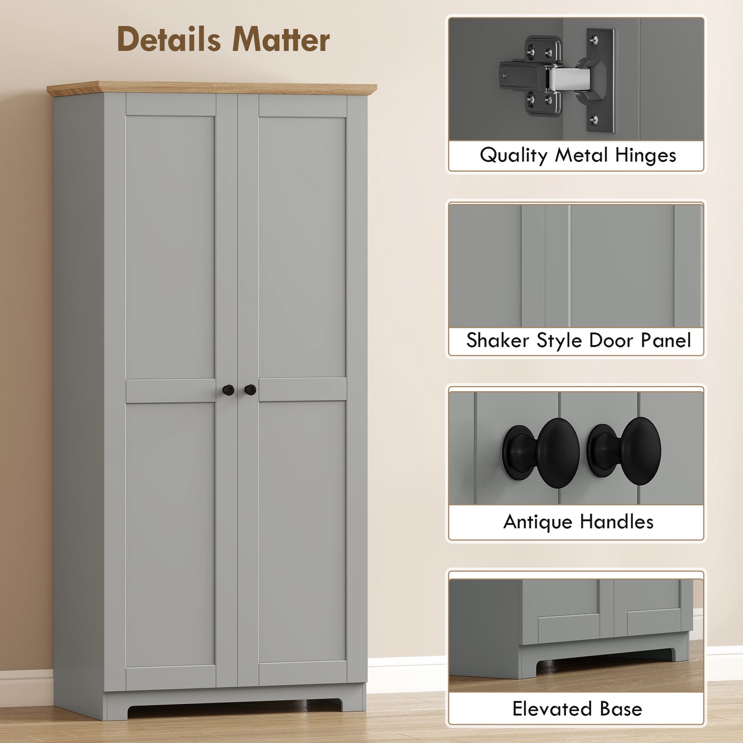 HOMCOM Kitchen Cupboard, 172cm Freestanding Storage Cabinet with Doors and Shelves, Grey