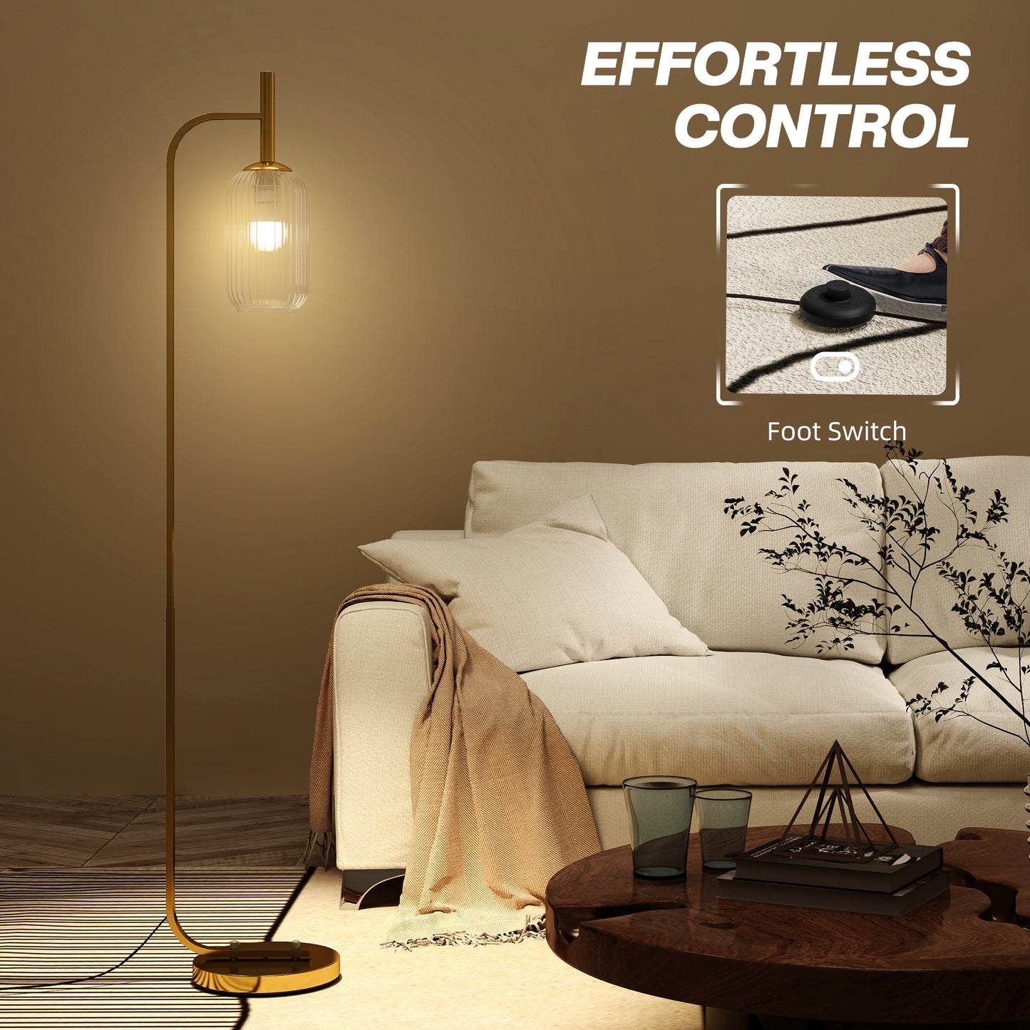 HOMCOM Floor Lamp for Living Room with Glass Lampshade, Modern Standing Lamp with Foot Switch for Bedroom, Bulb not Included, Gold Tone