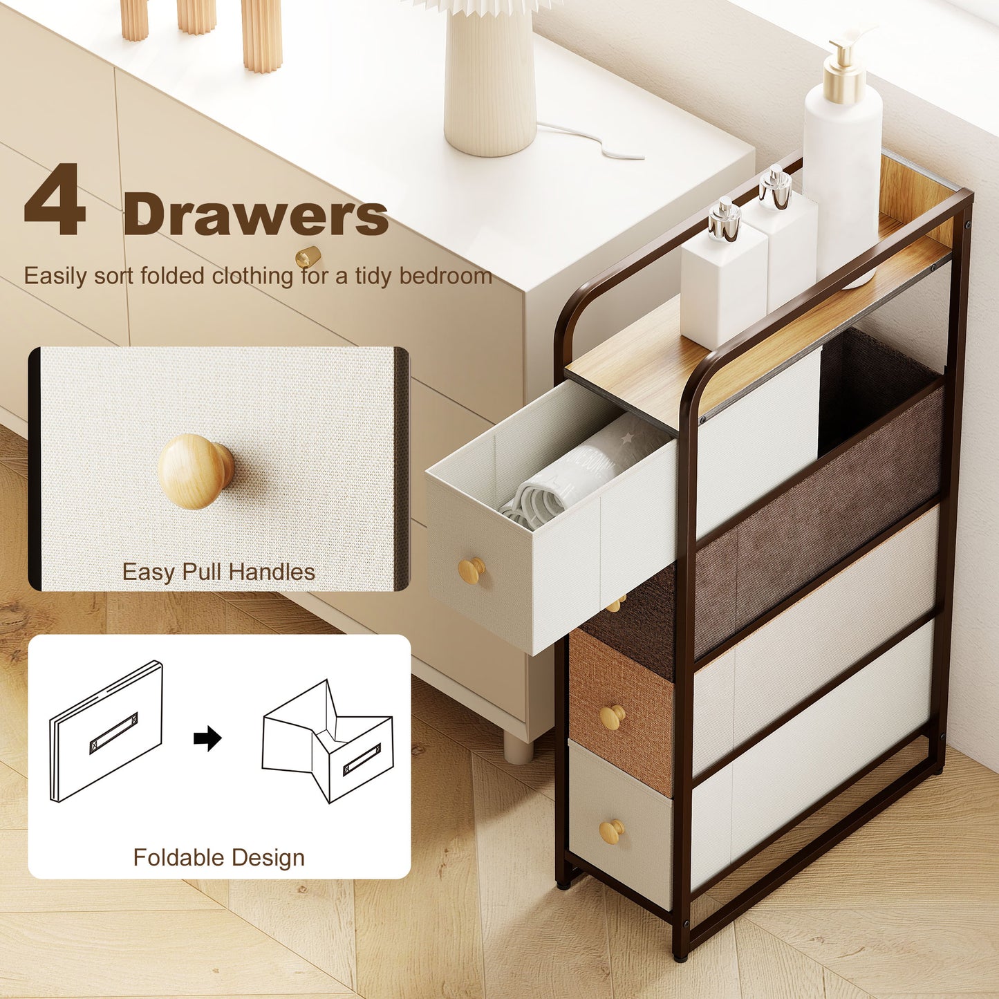 HOMCOM 4-Drawer Storage Organiser Unit, Chest of Drawers with Steel Frame for Bedroom, Living Room, Mixed-Brown