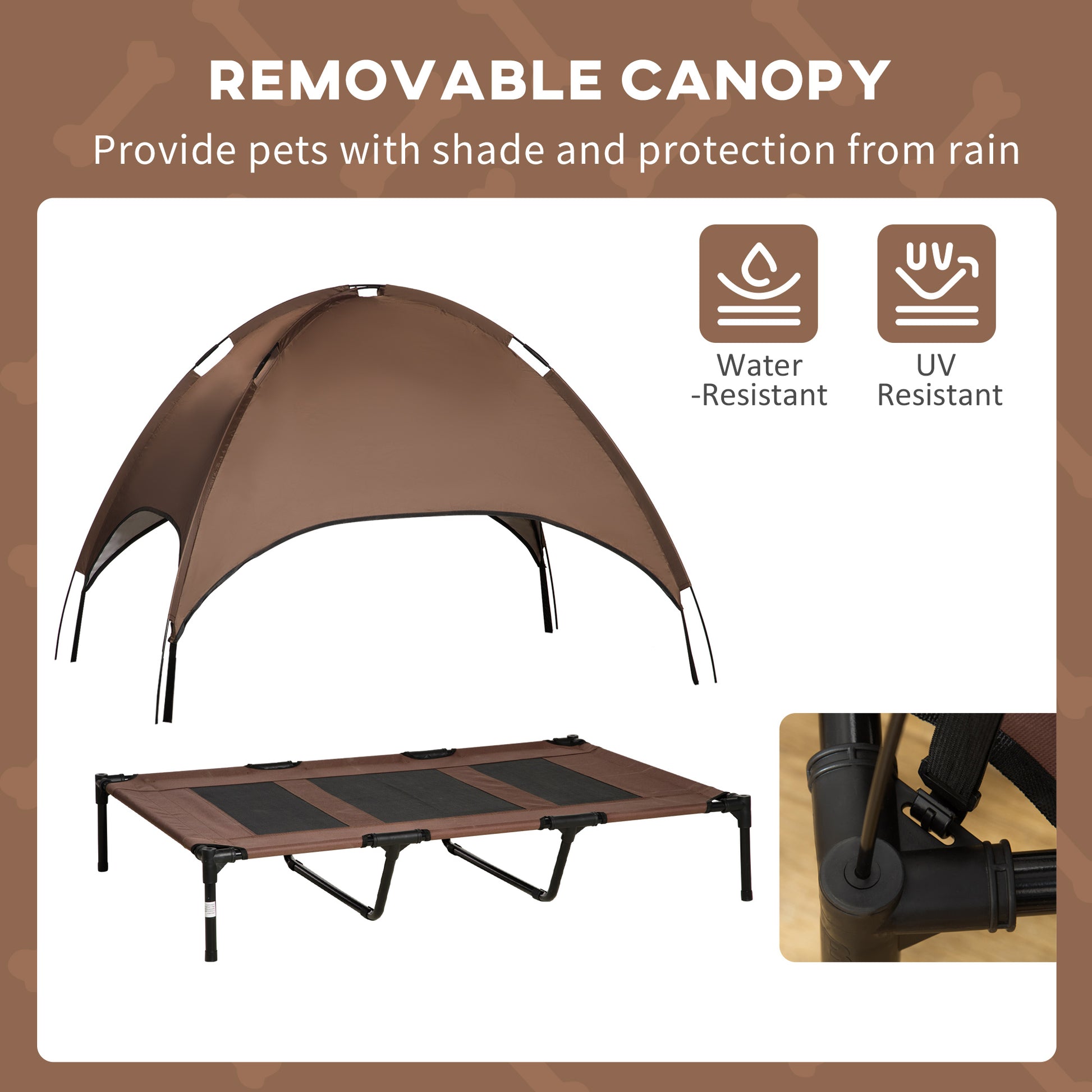 PawHut Outdoor Dog Bed with Removable Canopy, Portable Raised Dog Bed for Camping, Garden & Beach, Water-Resistant UV-Protection Mesh Pet Cot Sun Lounger, for XL Pets, 122 x 92 x 108 cm, Brown--ChewyGames-ChewyGames