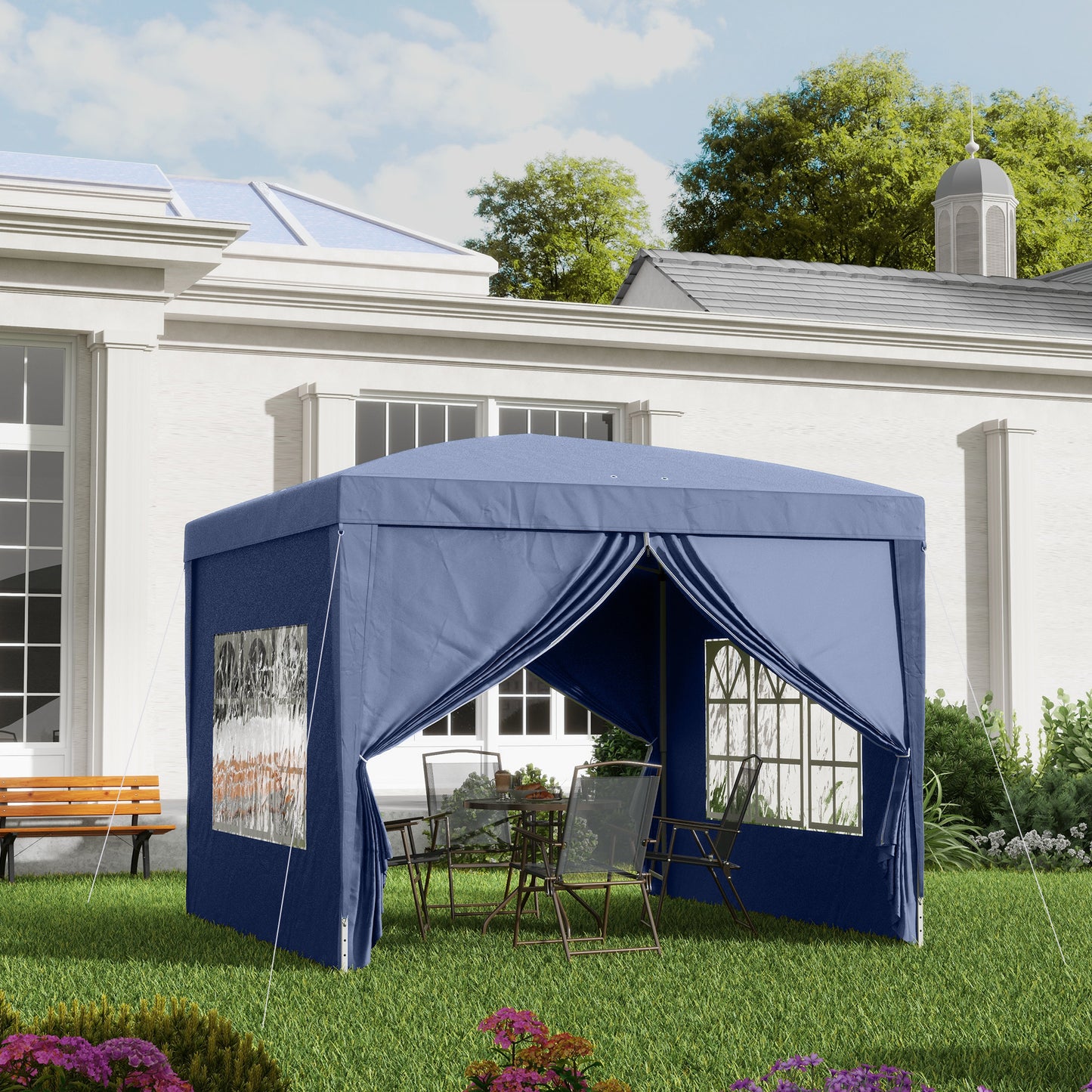 Outsunny 3 x 3 m Garden Pop Up Gazebo, Wedding Party Tent Marquee, Water Resistant Awning Canopy with Sidewalls, Windows, Carry Bag, Blue