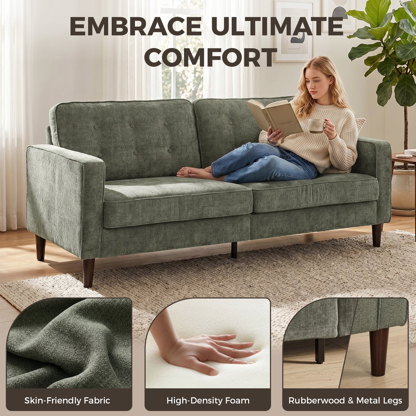 HOMCOM 3 Seater Sofa Button Tufted Upholstered Velvet Couch with Wood Legs for Living Room, Green