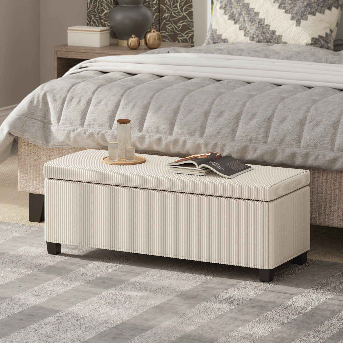 HOMCOM Storage Ottoman Bench, Corduroy Storage Chest Box with Wooden Legs, 112cm Bed End Bench for Living Room, Bedroom, Entryway, Hallway, Beige