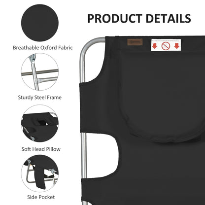 Outsunny Foldable Sun Lounger, Beach Chaise Lounge with Reading Hole, Arm Slots, 5-Position Adjustable Backrest, Side Pocket, Pillow for Garden, Beach, Camping, Black