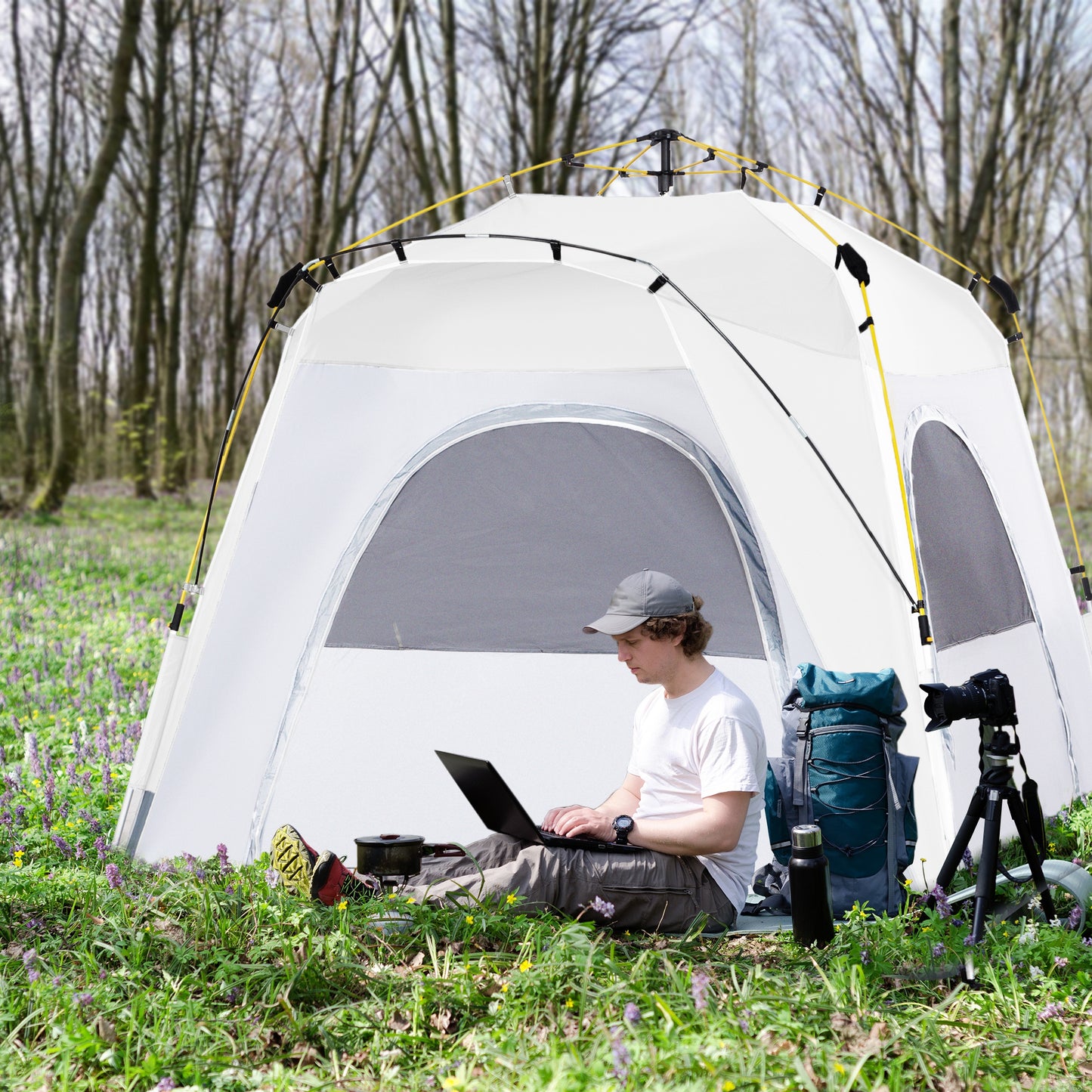 Outsunny 3 Person Automatic Camping Tent, Outdoor Pop Up Tent, Portable Backpacking Dome Shelter, Light Grey