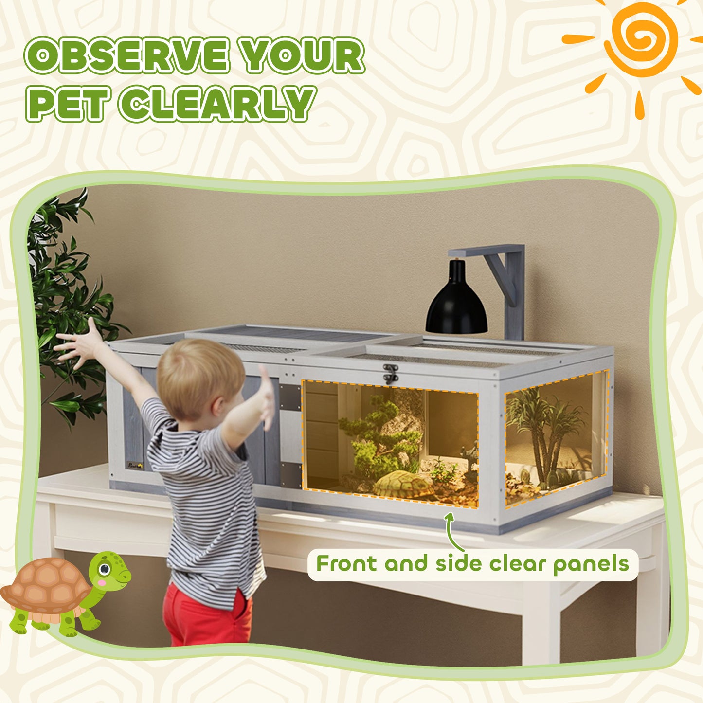 PawHut Wooden Tortoise House with Lamp Holder, Clear Windows, Openable Tops, Built-In Tray, Light Grey