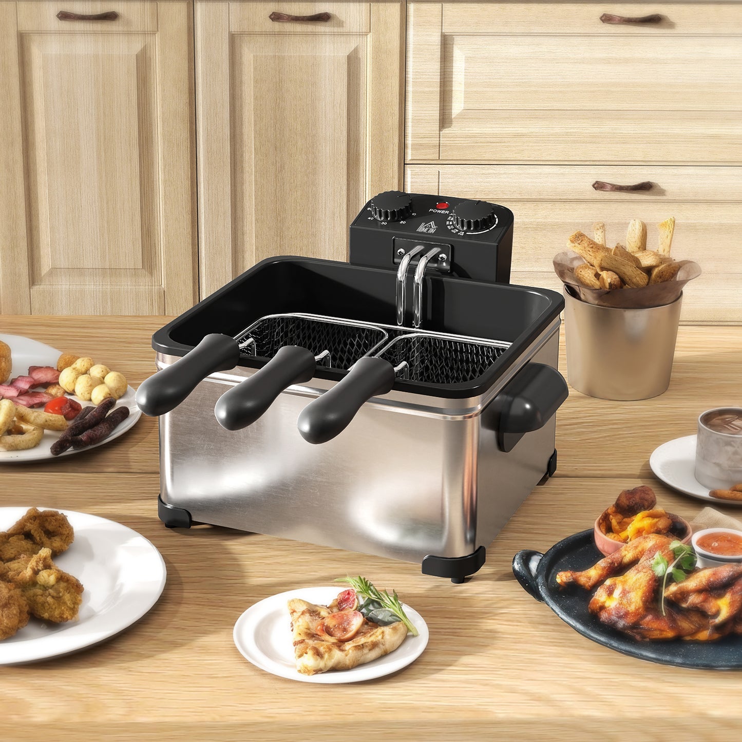 HOMCOM 5 Litre Deep Fat Fryer Stainless Steel with Adjustable Temperature, 60min Timer, Removable Oil Basket, Viewing Window and Safety Cut Out, 2000W