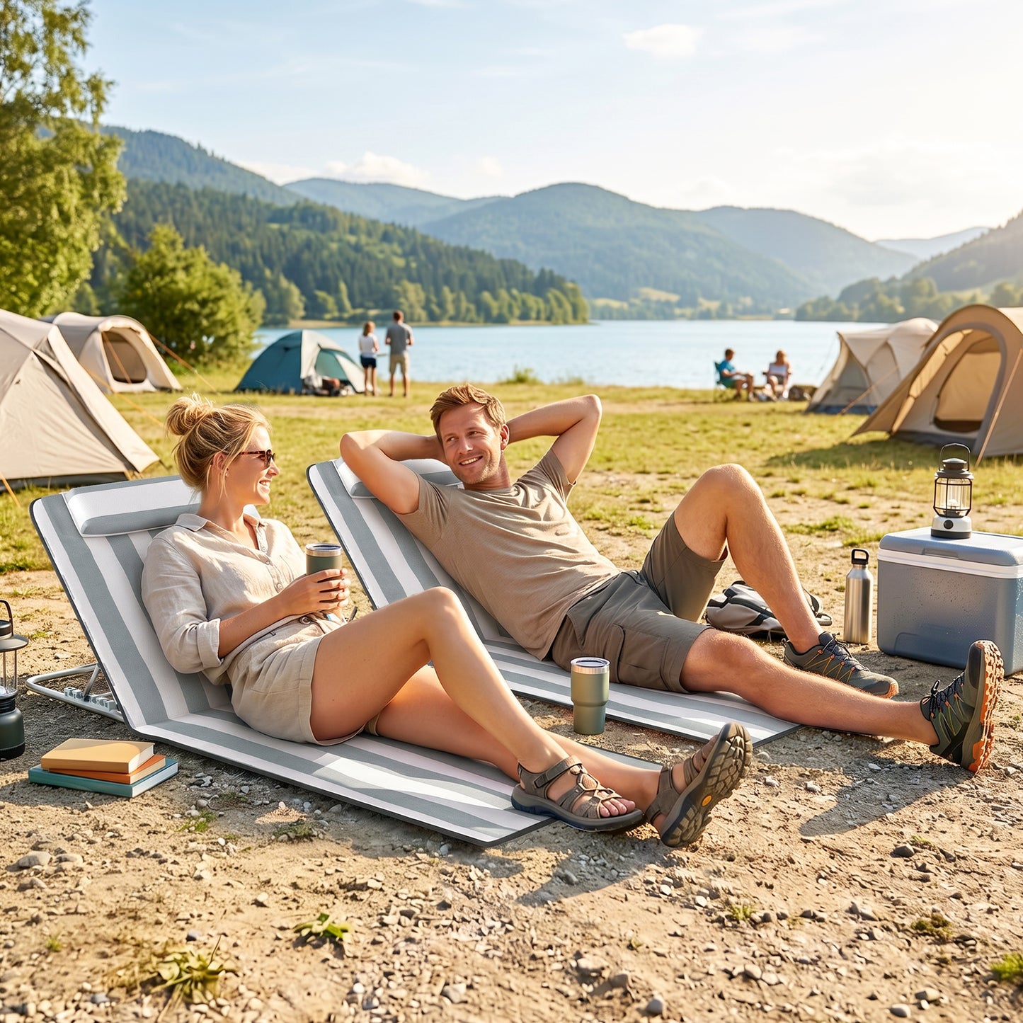 Outsunny Set of 2 Foldable Garden Beach Chair Mat Lightweight Outdoor Sun Lounger Seats Adjustable Back Metal Frame PE Fabric Head Pillow w/ Carry Bag, Light Grey