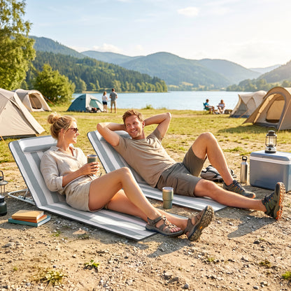 Outsunny Set of 2 Foldable Garden Beach Chair Mat Lightweight Outdoor Sun Lounger Seats Adjustable Back Metal Frame PE Fabric Head Pillow w/ Carry Bag, Light Grey