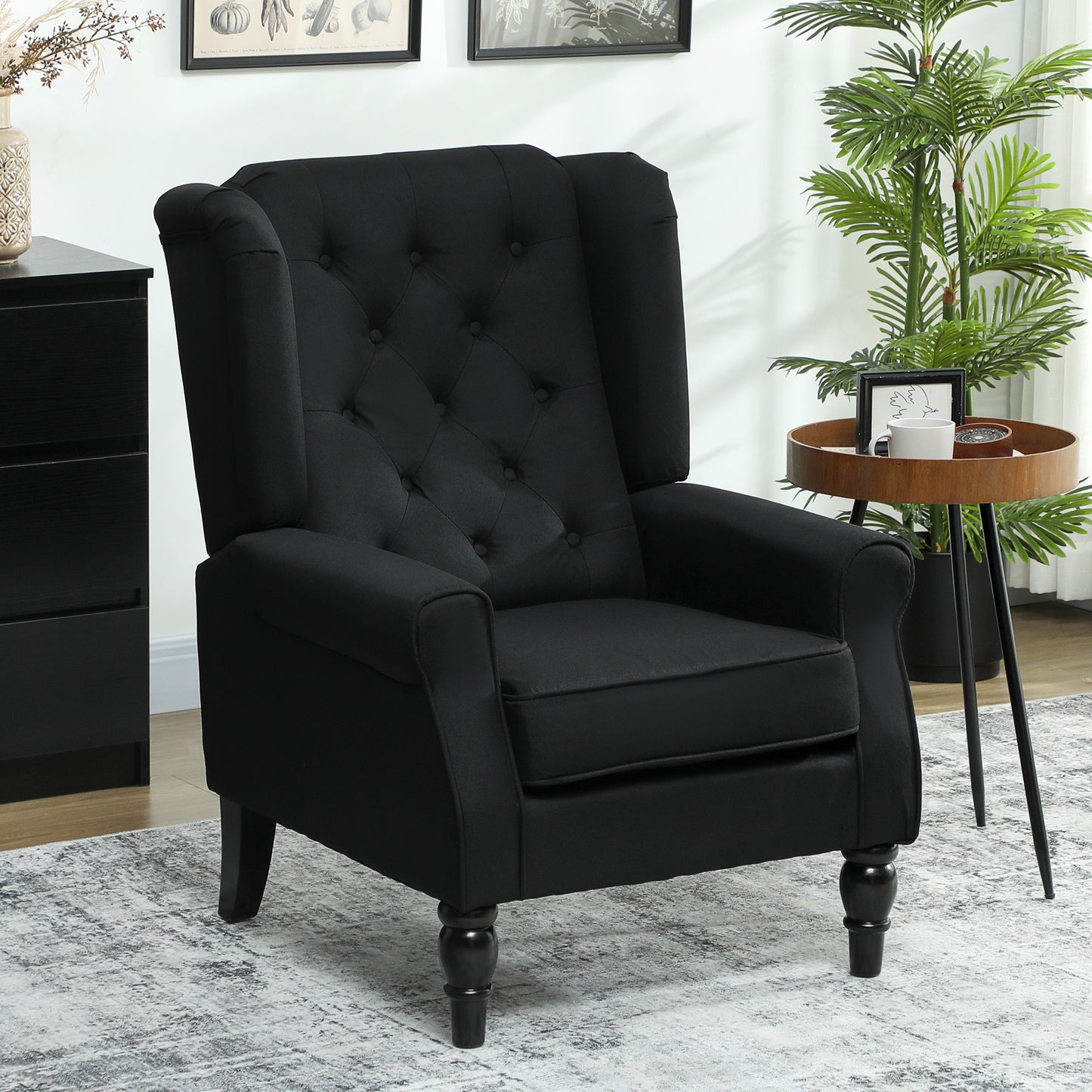 HOMCOM Wingback Accent Chair, Faux Linen Armchair with Thick Spring Cushion, High Back, Solid Wood Legs, Retro Button Tufted Reading Chair for Living Room, Bedroom, Black