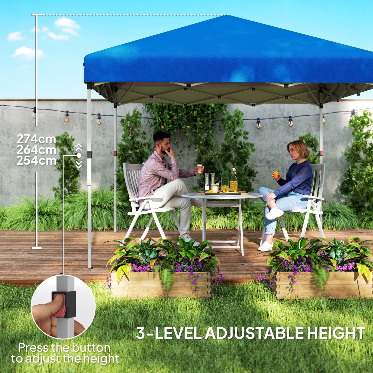 Outsunny 3 x 3 (M) Pop Up Gazebo, UPF 30+ with 2 Sidewalls, Leg Weight Bags and Wheeled Bag, Height Adjustable Party Tent Event Shelter for Garden, Patio, Blue