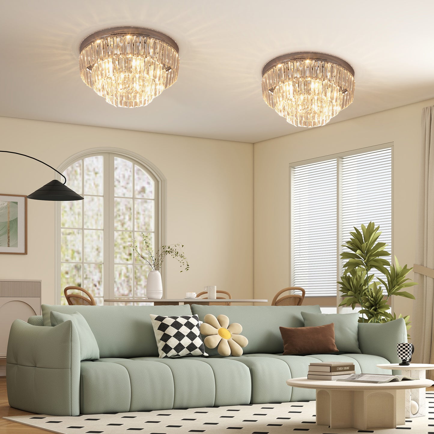 HOMCOM Set of 2 Modern Crystal Ceiling Lights, Chandeliers, Pendant Lamps w/ 7 Lights, E14 Fittings for Living Room, Bedroom, Silver