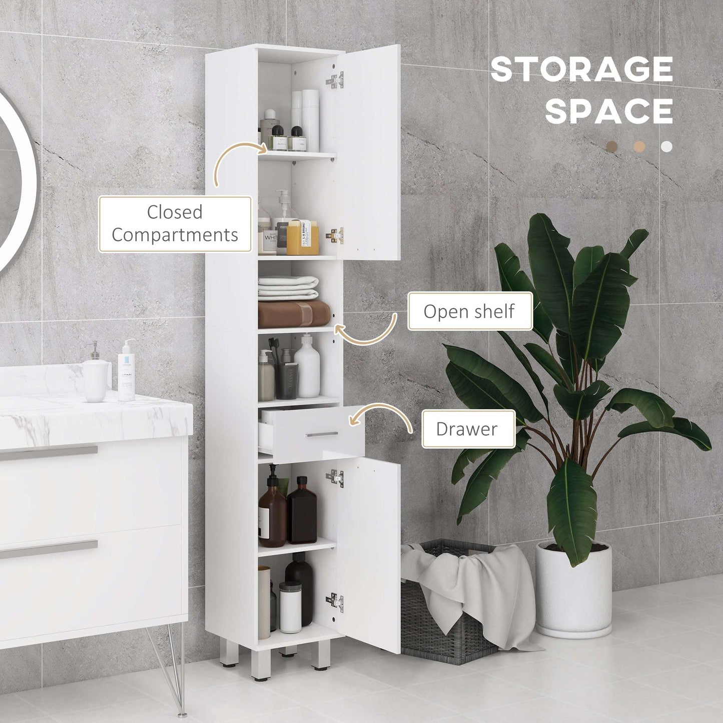kleankin 71" Tall Slim Bathroom Storage Cabinet, Tall Narrow Cupboard with Drawer, Open Shelves, 2 Doors Cabinets and Adjustable Shelves for Kitchen, Hallway, Living Room, High Gloss White