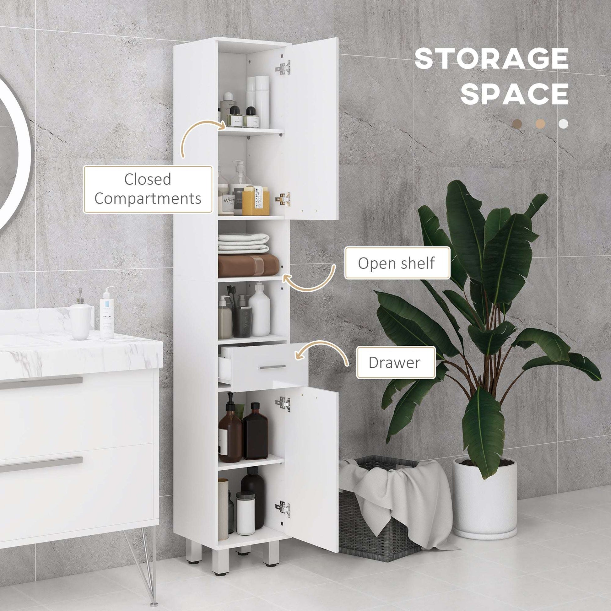 kleankin 71" Tall Slim Bathroom Storage Cabinet, Tall Narrow Cupboard with Drawer, Open Shelves, 2 Doors Cabinets and Adjustable Shelves for Kitchen, Hallway, Living Room, High Gloss White