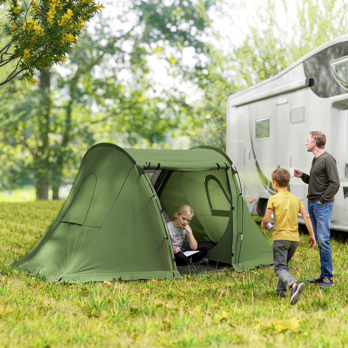 Outsunny 3 Man Camping Tent with Living Area and 2 Bedrooms, 3000mm Waterproof Family Tent with Sewn-in Groundsheet and bag, Portable Dome Shelter  for Hiking, Festival, Backpacking, Green