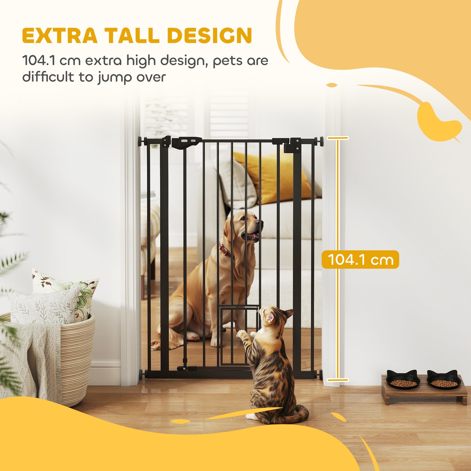 PawHut Extra Tall Pet Gate, Indoor Dog Safety Gate, with Cat Flap, Auto Close, 74-80cm Wide - Black--ChewyGames-ChewyGames