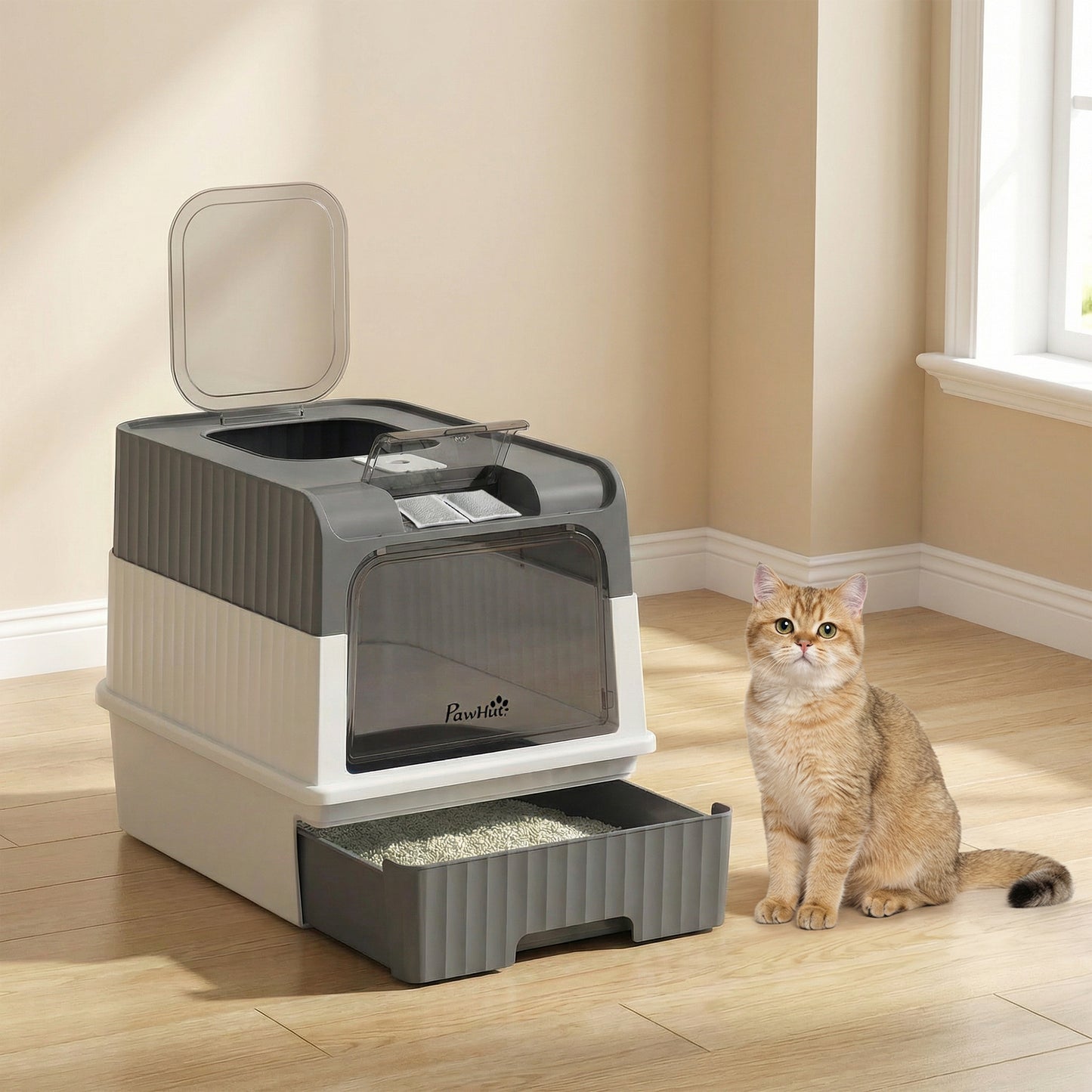PawHut Enclosed Cat Litter Box with Lid, Pull-Out Drawer Tray, Scoop, 4 Deodorisation Bags, Front Entry & Top Exit, Grey
