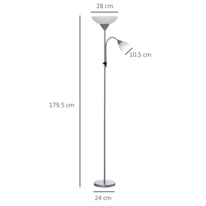 HOMCOM LED Floor Lamp for Living Room, 180cm Tall Standing Lamp, Mother and Child Uplighter with Adjustable Gooseneck, Silver Tone