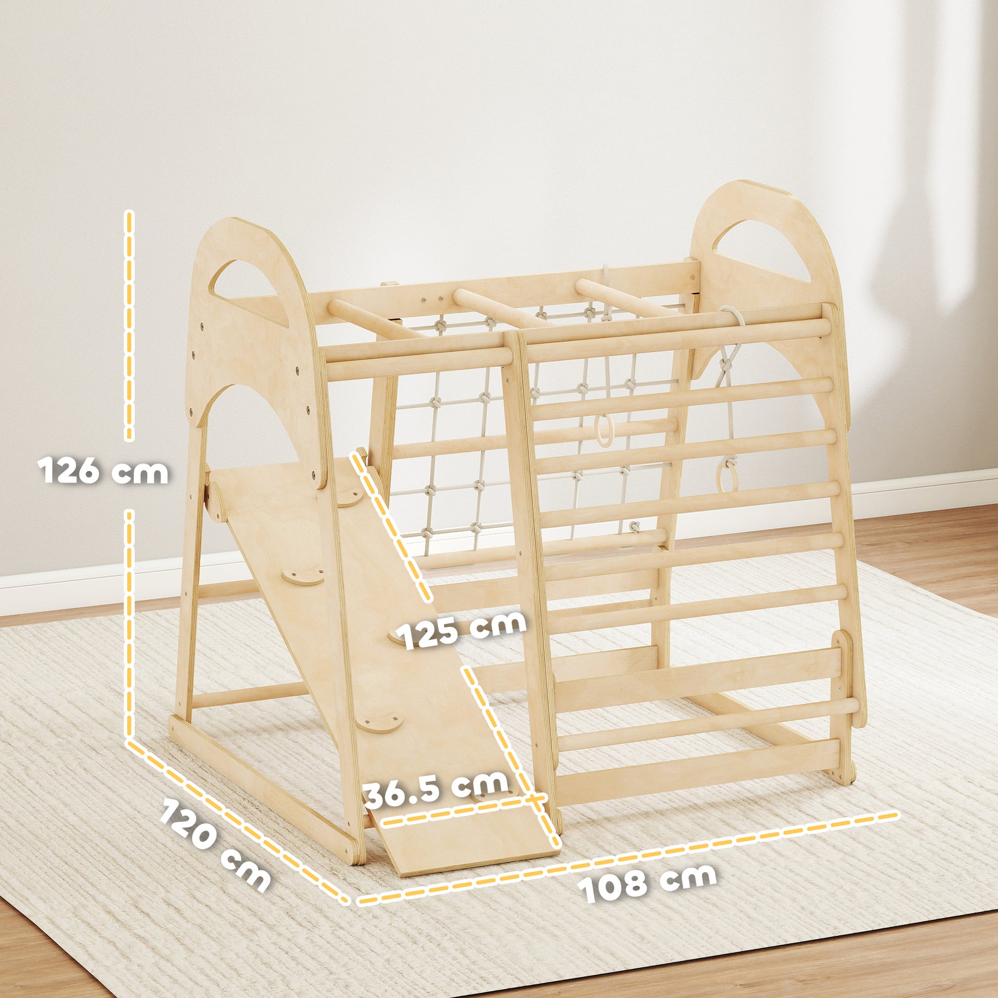 AIYAPLAY 6 in 1 Kids Climbing Frame with Slide, Monkey Bars, Gymnastics Rings, Ladder, Climbing Net, for 3-6 Years, Natural Tone--ChewyGames-ChewyGames