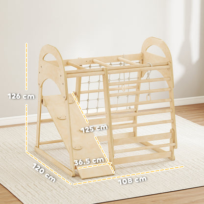 AIYAPLAY 6 in 1 Kids Climbing Frame with Slide, Monkey Bars, Gymnastics Rings, Ladder, Climbing Net, for 3-6 Years, Natural Tone--ChewyGames-ChewyGames