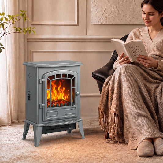 HOMCOM Electric Fireplace Stove, 1000W/2000W, Freestanding Electric Fire with LED Flame Effect, Adjustable Thermostat, Grey