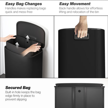 HOMCOM 50L Kitchen Bin with Soft-Close Lid and Stay-Open Function, Stainless Steel Pedal Bin with Removable Inner Bucket, Carry Handle for Kitchen, Office, Home, Black