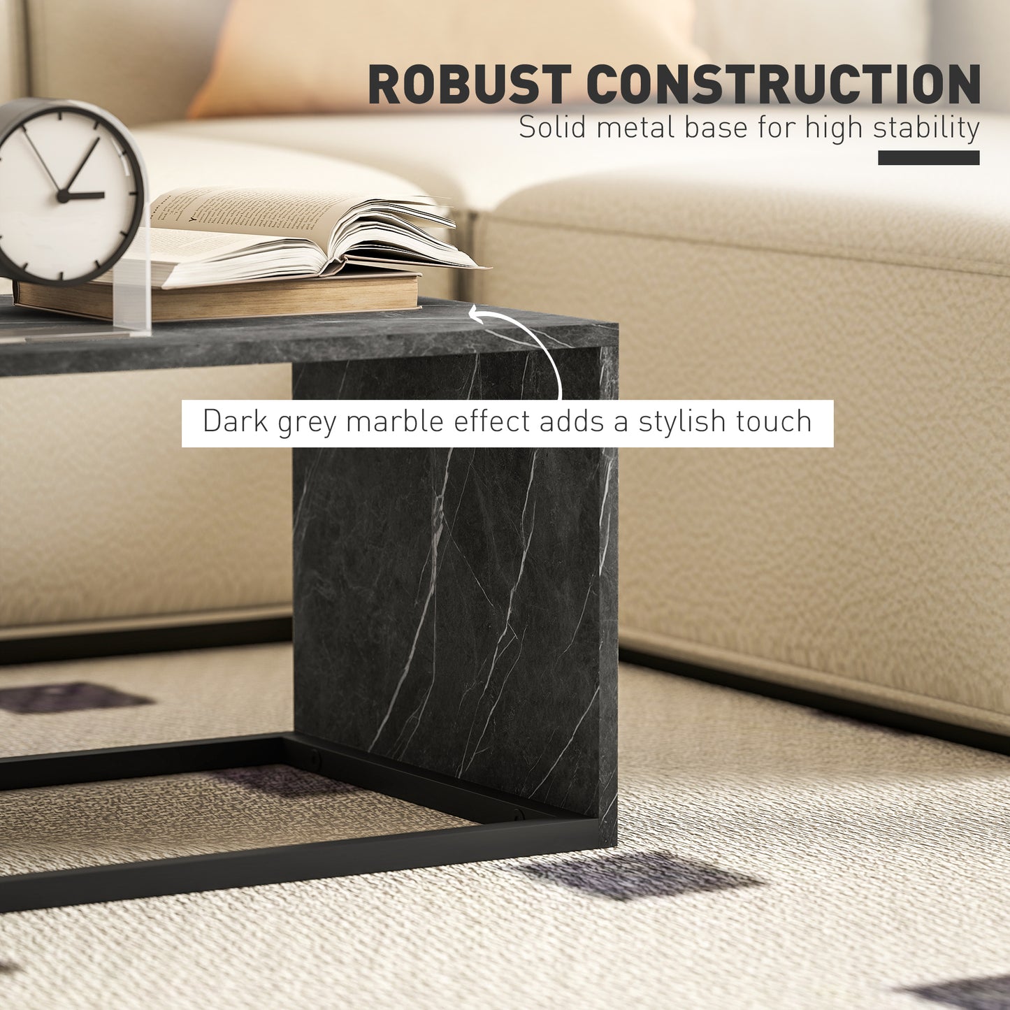 HOMCOM Nesting Coffee Table Set of 2, Industrial Stacking Side End Tables with Metal Frame for Living Room, Bedroom, Dark Grey Marble Effect