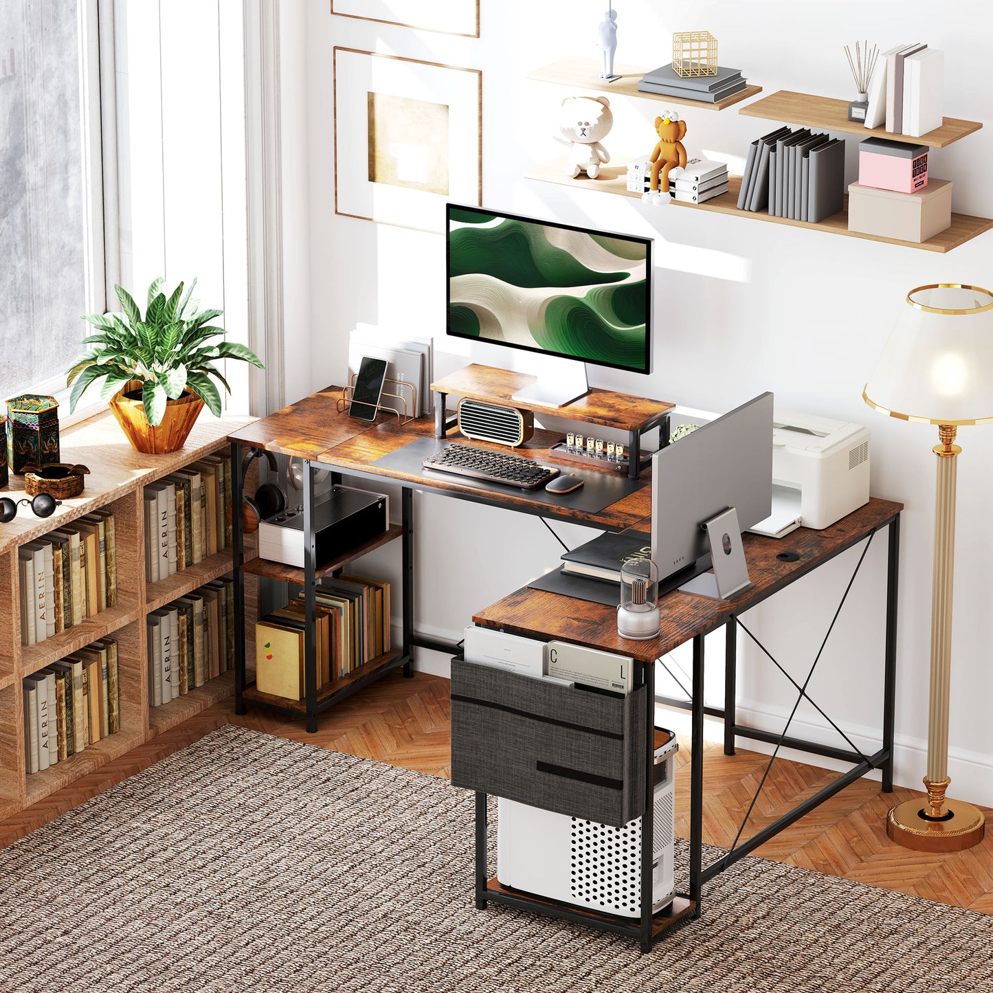 HOMCOM 168cm Reversible L Shaped Desk, Industrial Corner Computer Desk with Adjustable Shelf and Storage Bag, 240cm 2 Person PC Table with Monitor Stand, Rustic Brown