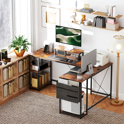 HOMCOM 168cm Reversible L Shaped Desk, Industrial Corner Computer Desk with Adjustable Shelf and Storage Bag, 240cm 2 Person PC Table with Monitor Stand, Rustic Brown