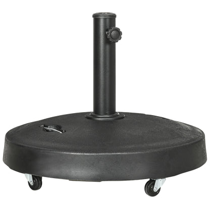 Outsunny 25kg Resin Garden Parasol Base with Wheels and Retractable Handles, Round Outdoor Market Umbrella Stand Weight for Poles of Φ38mm to Φ48mm, Black