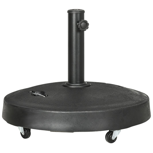 Outsunny 25kg Resin Garden Parasol Base with Wheels and Retractable Handles, Round Outdoor Market Umbrella Stand Weight for Poles of Φ38mm to Φ48mm, Black