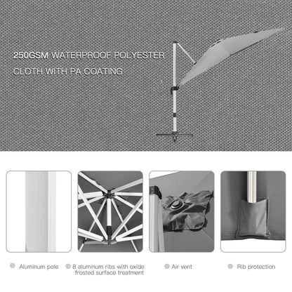 Outsunny 3 x 3(m) Cantilever Roma Parasol, Square Garden Umbrella with Cross Base, Crank Handle, Tilt, 360° Rotation and Aluminium Frame, Grey