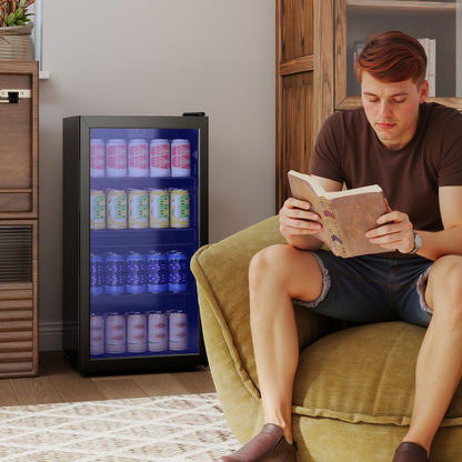 HOMCOM 93L Drinks Fridge, 115 Can Freestanding Beer Fridge with Glass Door, Adjustable Shelves, LED Light, for Beer Soda, Black