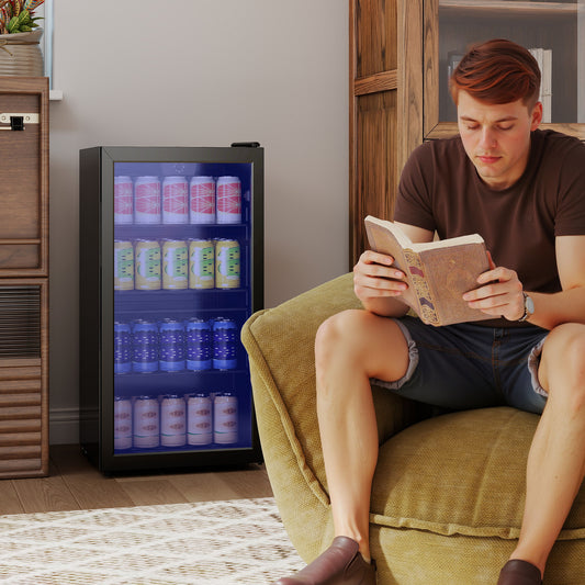 HOMCOM 93L Drinks Fridge, 115 Can Freestanding Beer Fridge with Glass Door, Adjustable Shelves, LED Light, for Beer Soda, Black