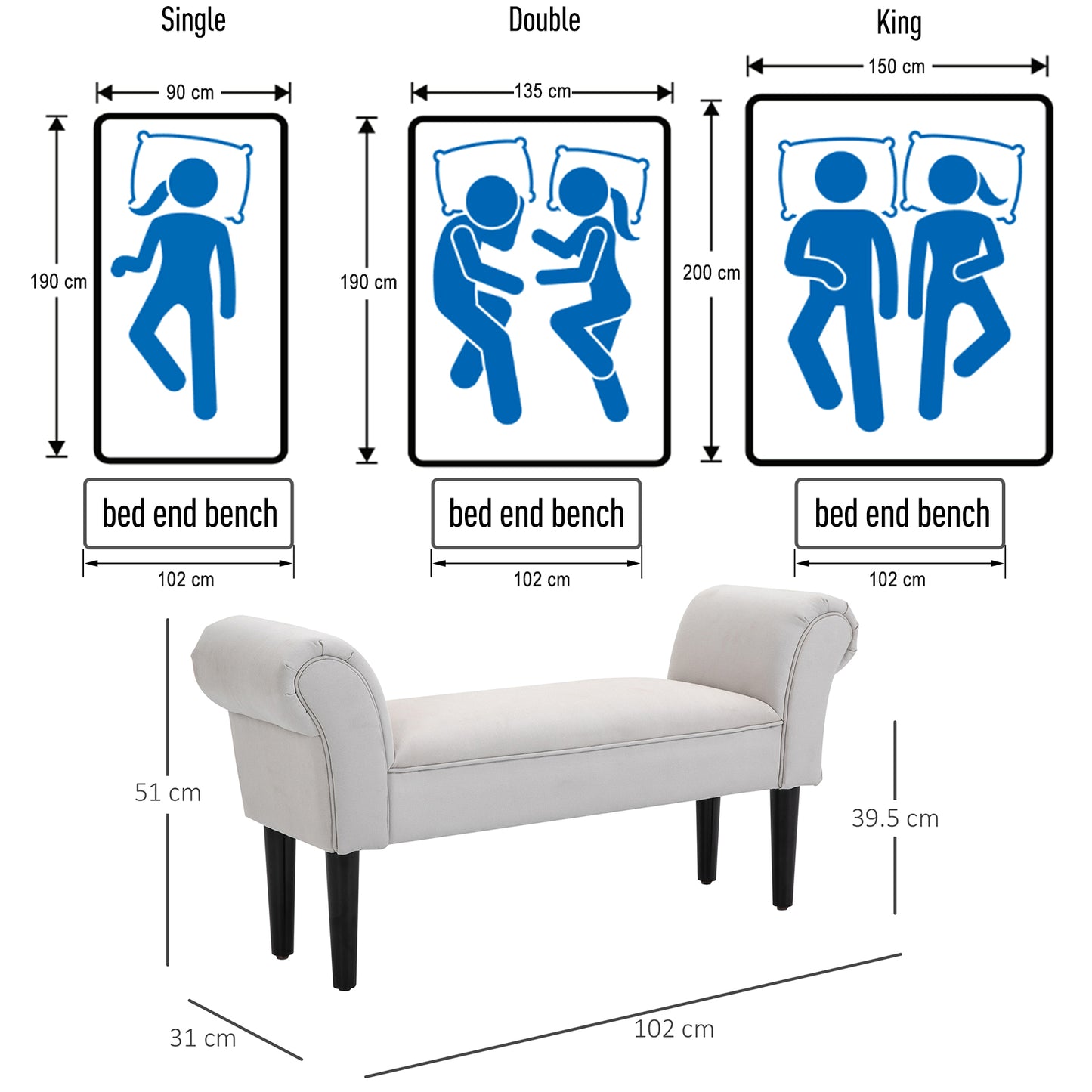 HOMCOM End of Bed Bench, Upholstered Window Seat with Arms and Wooden Legs, Modern Shoe Bench for Entryway, Living Room, Bedroom, Greyish White