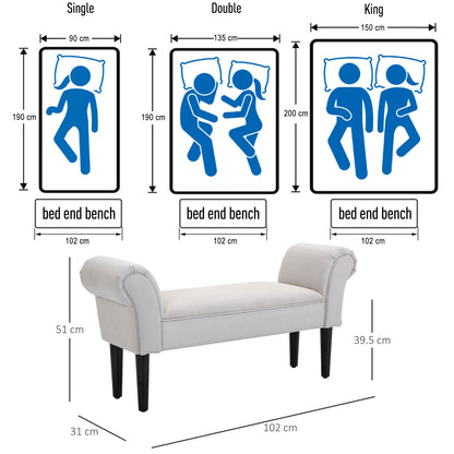 HOMCOM End of Bed Bench, Upholstered Window Seat with Arms and Wooden Legs, Modern Shoe Bench for Entryway, Living Room, Bedroom, Greyish White
