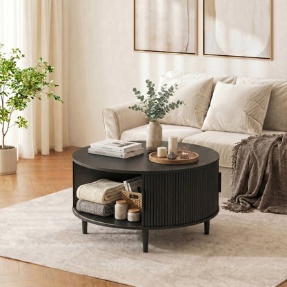 HOMCOM Coffee Table with Lift Top and Hidden Storage, Round Centre Table with Fluted Sliding Door, 80 cm, Black Wood Effect