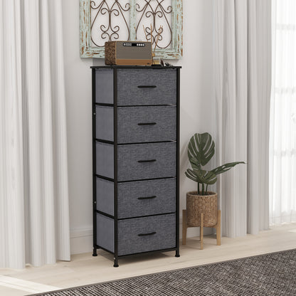 HOMCOM Fabric Chest of Drawers, Industrial Bedroom Dresser with 5 Fabric Drawers, Steel Frame and Wooden Top for Nursery, Living Room, Hallway, Dark Grey